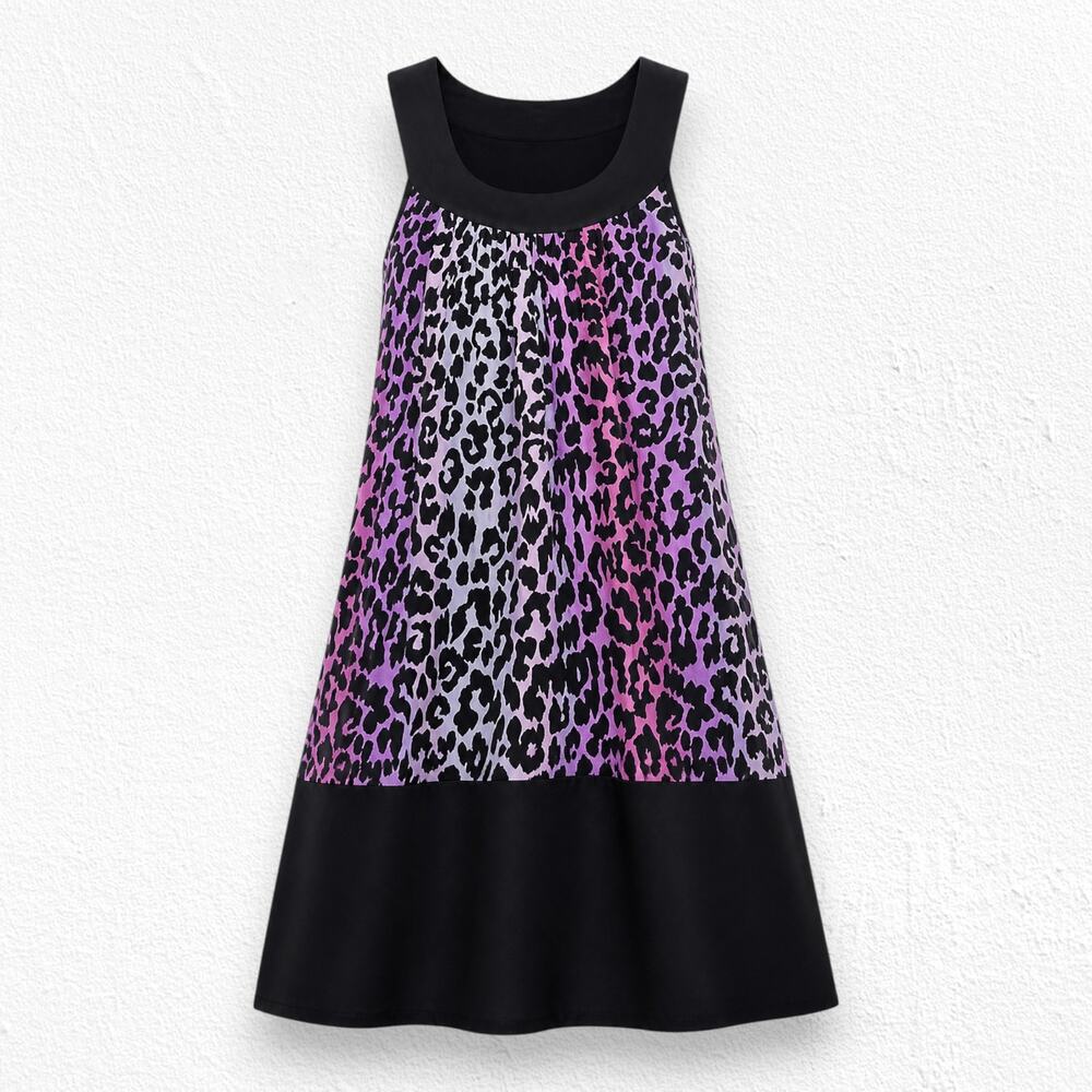 Y2K Express 2008 Silk Purple Black Leopard Print Swing Mini Dress Size Small